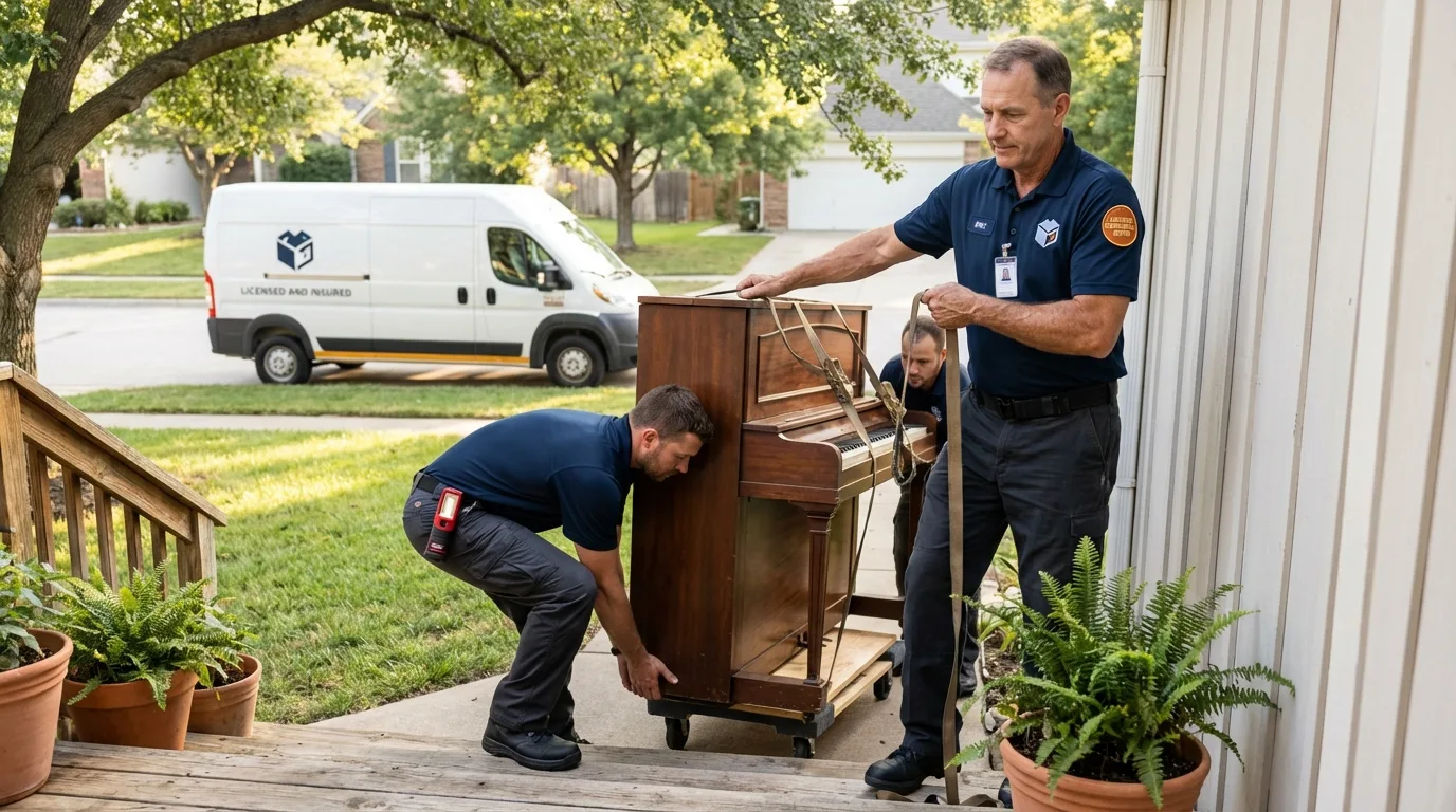 Licensed piano movers securing grand piano in Pembroke, NC
