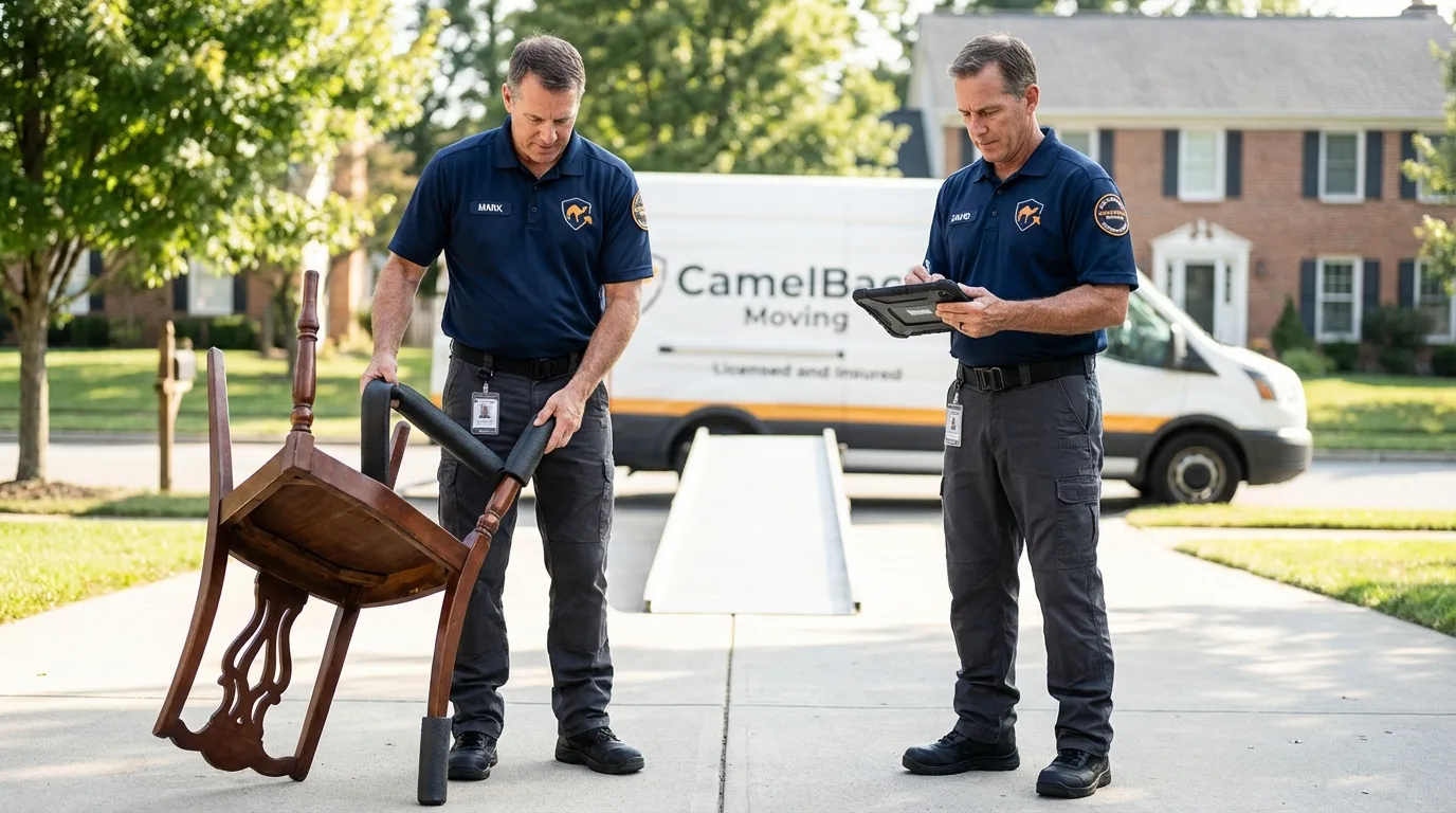 Movers inspecting furniture for damage prevention before loading in Pembroke, NC