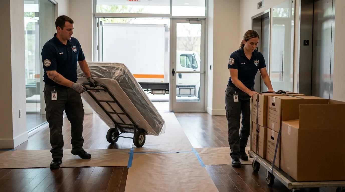 Professional apartment movers loading elevator in Pembroke, NC